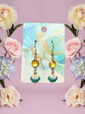 Enamel Shell Drop Earrings Gold Beachy Dangle